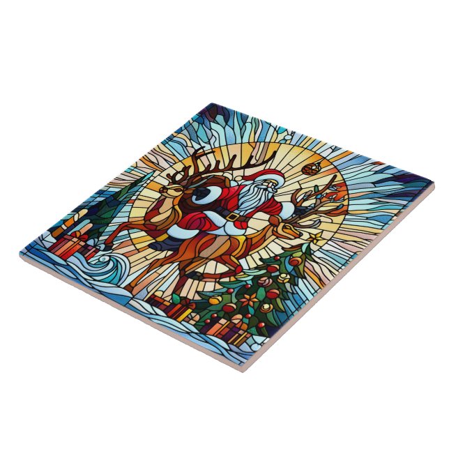 Santa riding reindeer among festive decorated tree tile (Side)
