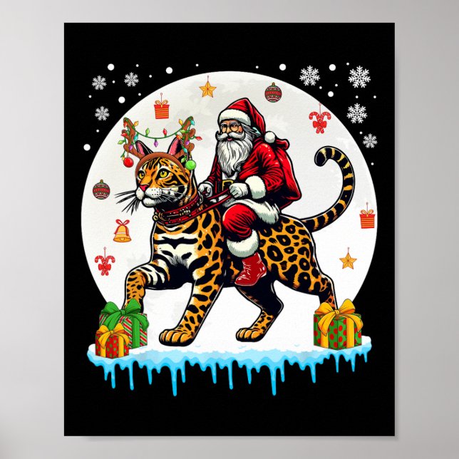 Santa Riding Reindeer Bengal Cat Christmas Owner K Poster (Front)