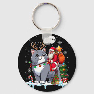 Santa Riding Reindeer British Shorthair Xmas Tree Keychain