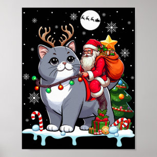 Santa Riding Reindeer British Shorthair Xmas Tree Poster
