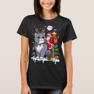 Santa Riding Reindeer British Shorthair Xmas Tree  T-Shirt