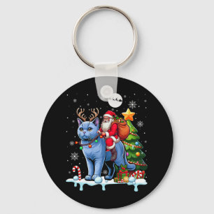 Santa Riding Reindeer Chartreux Cat Xmas Tree Colo Keychain