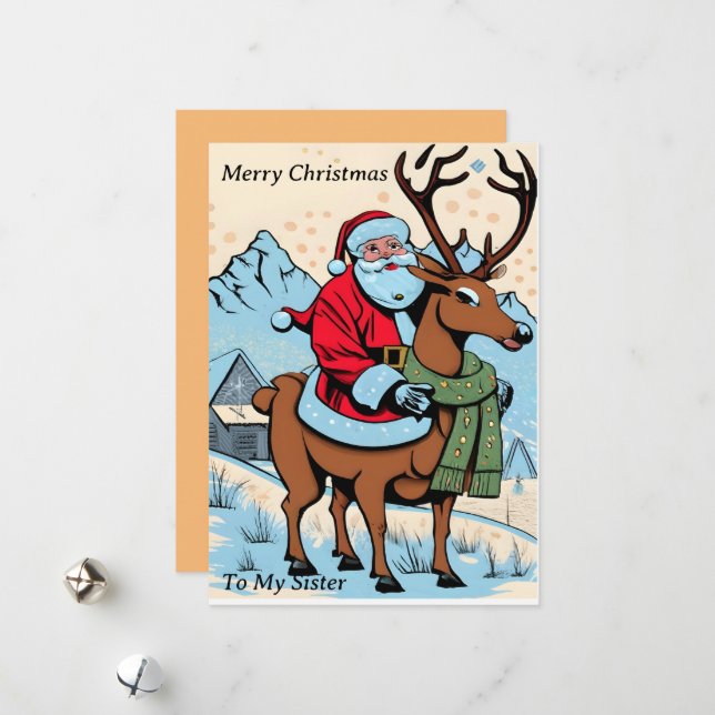 Santa Riding Reindeer Customizable Holiday Card (Front/Back In Situ)