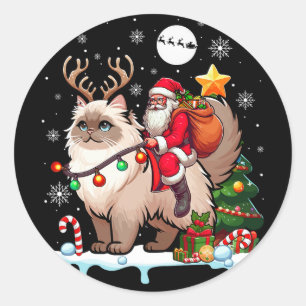 Santa Riding Reindeer Himalayan Cat Xmas Tree Colo Classic Round Sticker