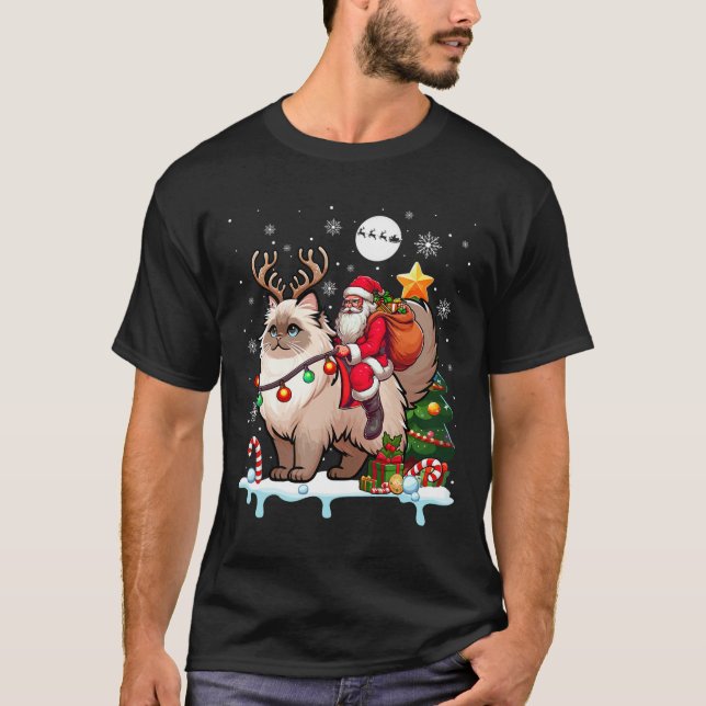 Santa Riding Reindeer Himalayan Cat Xmas Tree Colo T-Shirt (Front)