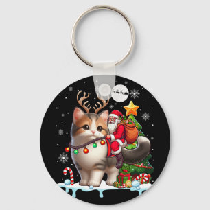 Santa Riding Reindeer Munchkin Cat Xmas Tree Colou Keychain