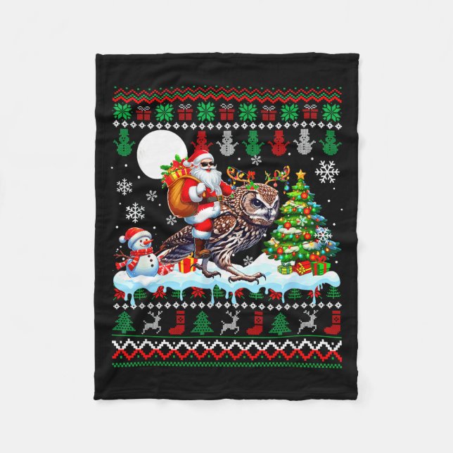 Santa Riding Reindeer Owl Sweater Xmas Tree Snowma Fleece Blanket (Front)