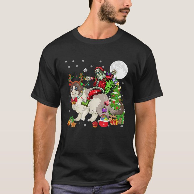Santa Riding Reindeer Ragdoll Cat Christmas Tree L T-Shirt (Front)