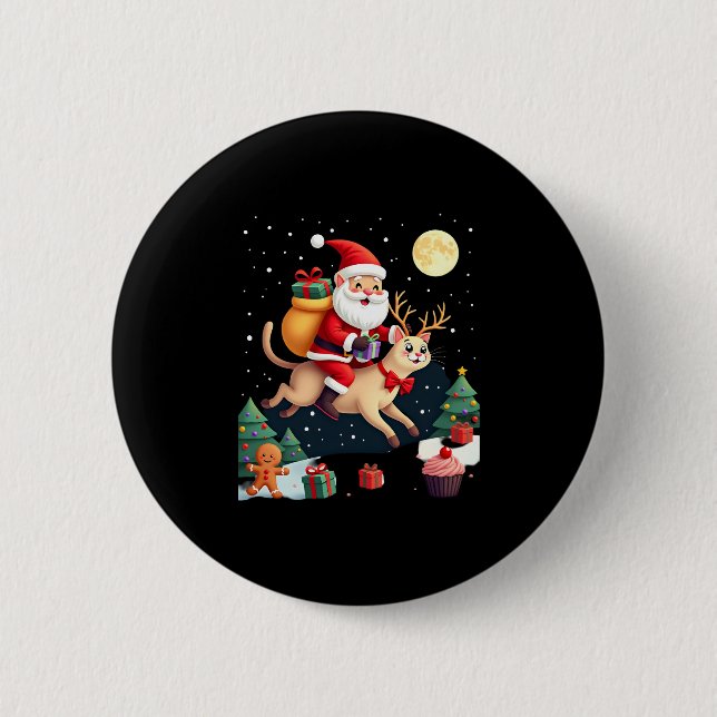 Santa Riding Reindeer Siamese Cat Christmas Tree L 2 Inch Round Button (Front)