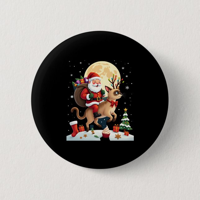 Santa Riding Reindeer Siamese Cat Christmas Tree L 2 Inch Round Button (Front)