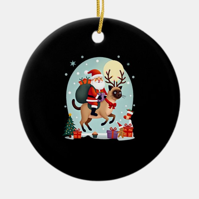 Santa Riding Reindeer Siamese Cat Christmas Tree L Ceramic Ornament (Front)
