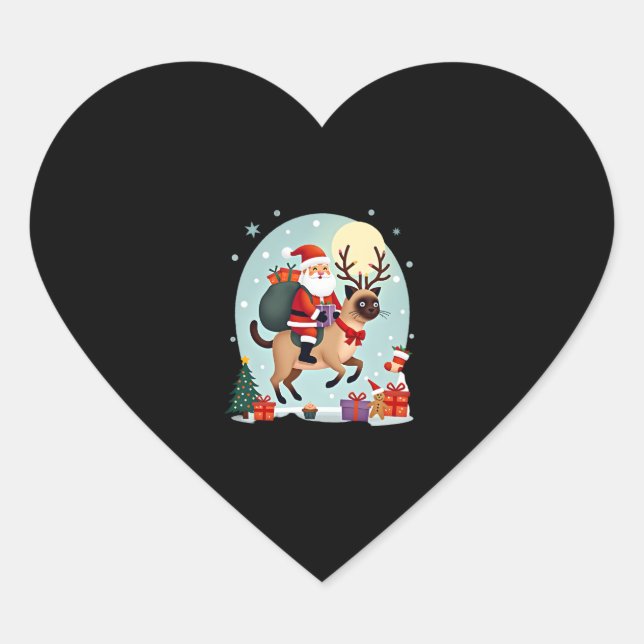 Santa Riding Reindeer Siamese Cat Christmas Tree L Heart Sticker (Front)