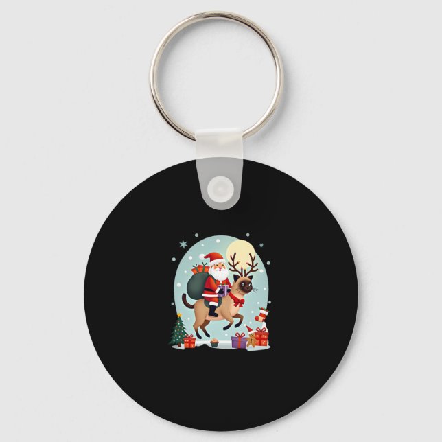 Santa Riding Reindeer Siamese Cat Christmas Tree L Keychain (Front)