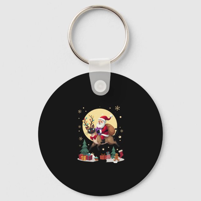 Santa Riding Reindeer Siamese Cat Christmas Tree L Keychain (Front)