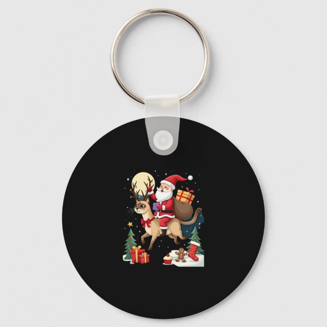 Santa Riding Reindeer Siamese Cat Christmas Tree L Keychain (Front)