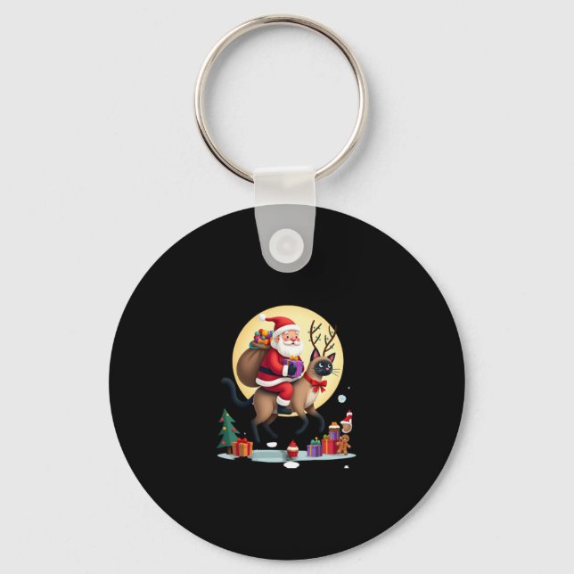 Santa Riding Reindeer Siamese Cat Christmas Tree L Keychain (Front)