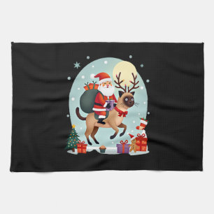 Santa Riding Reindeer Siamese Cat Christmas Tree L Kitchen Towel
