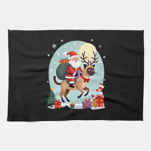 Santa Riding Reindeer Siamese Cat Christmas Tree L Kitchen Towel (Horizontal)