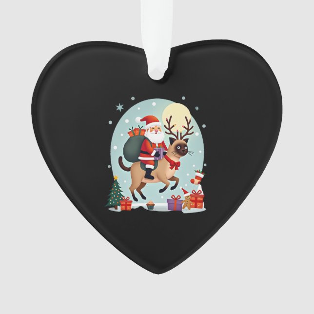 Santa Riding Reindeer Siamese Cat Christmas Tree L Ornament (Front)