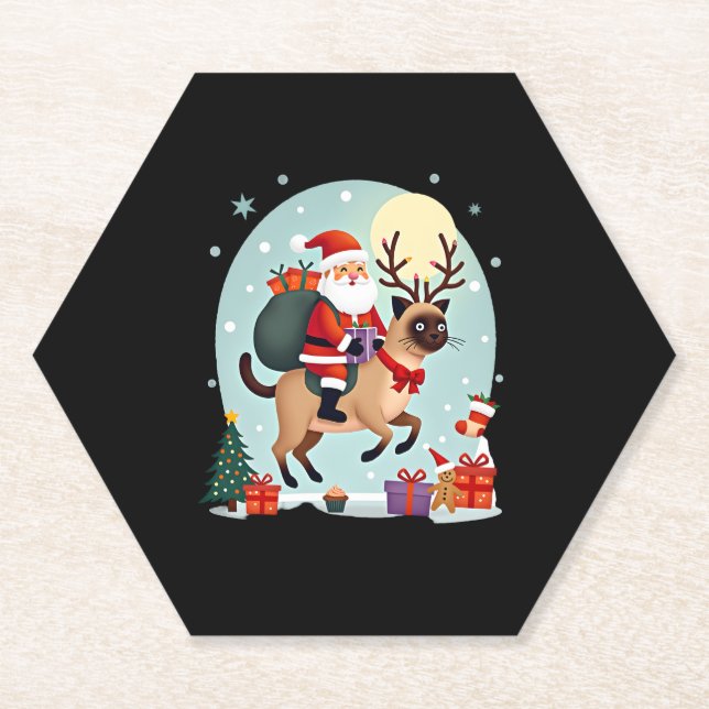 Santa Riding Reindeer Siamese Cat Christmas Tree L Paper Coaster (Front)