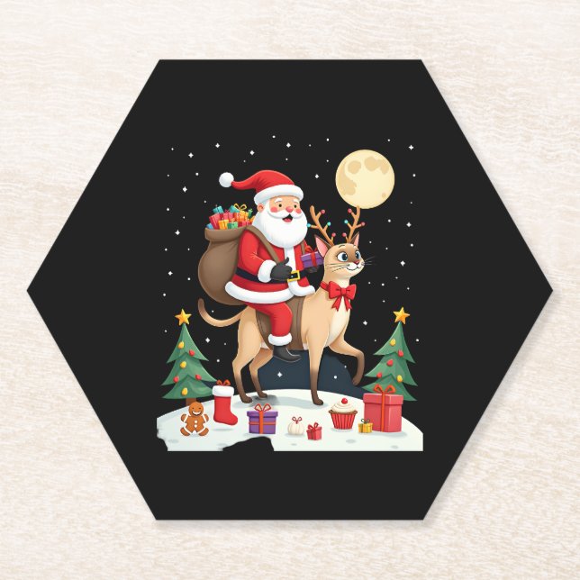 Santa Riding Reindeer Siamese Cat Christmas Tree L Paper Coaster (Front)