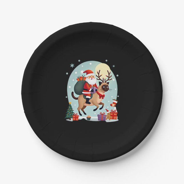 Santa Riding Reindeer Siamese Cat Christmas Tree L Paper Plate (Front)