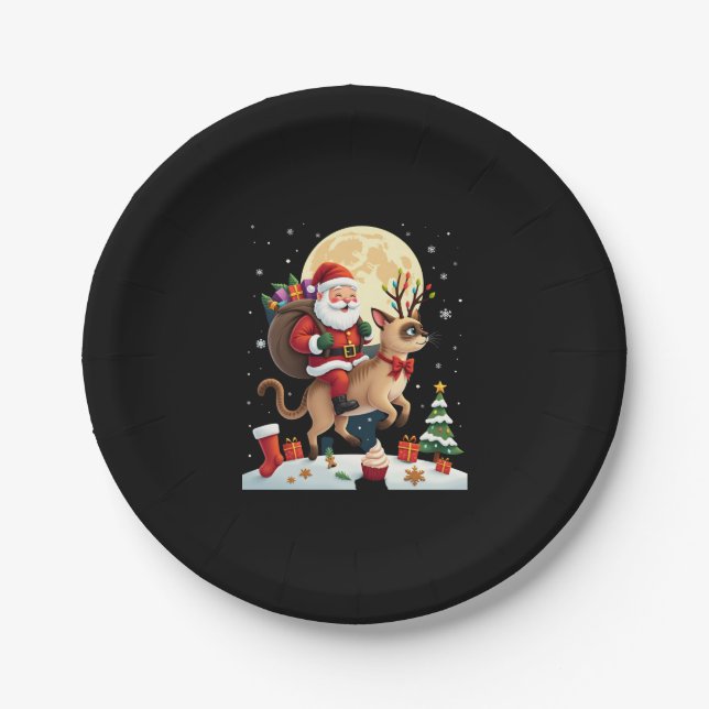Santa Riding Reindeer Siamese Cat Christmas Tree L Paper Plate (Front)