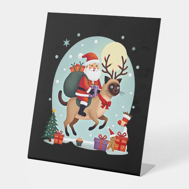 Santa Riding Reindeer Siamese Cat Christmas Tree L Pedestal Sign (Front)