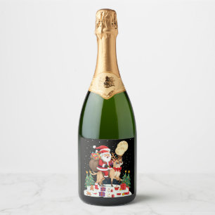 Santa Riding Reindeer Siamese Cat Christmas Tree L Sparkling Wine Label