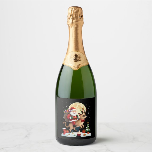 Santa Riding Reindeer Siamese Cat Christmas Tree L Sparkling Wine Label (Front)