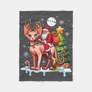 Santa Riding Reindeer Sphynx Cat Xmas Tree Colorfu Fleece Blanket