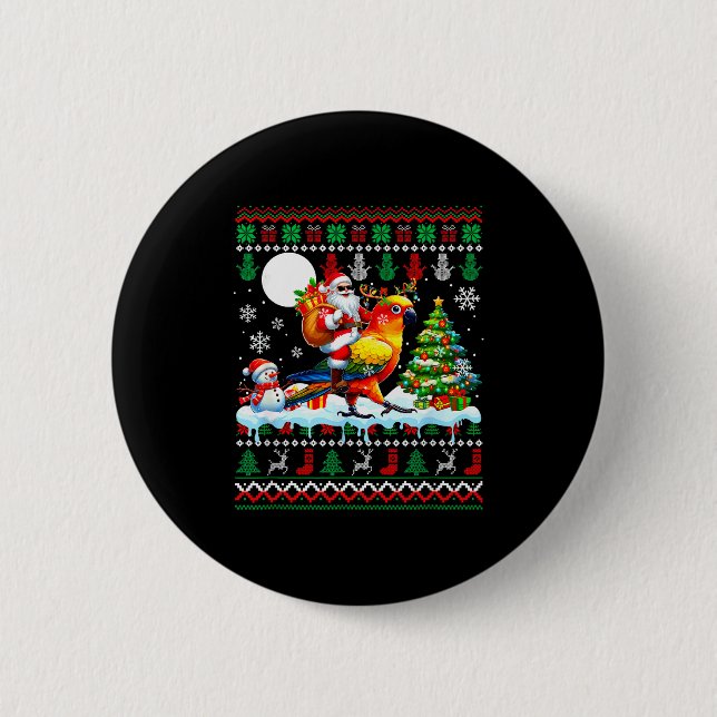 Santa Riding Reindeer Sun Conure Sweater Xmas Tree 2 Inch Round Button (Front)