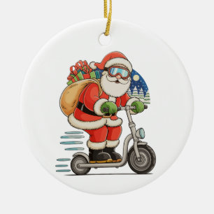 Santa Riding Scooter Christmas Matching Family Ceramic Ornament