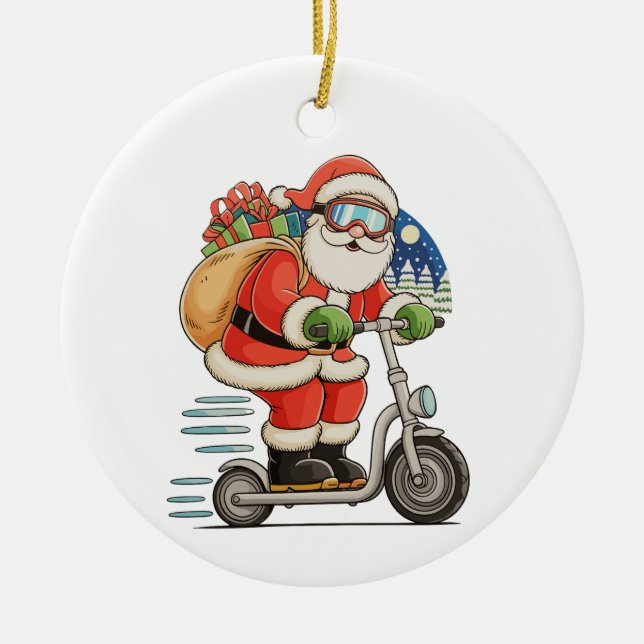 Santa Riding Scooter Christmas Matching Family Ceramic Ornament (Front)