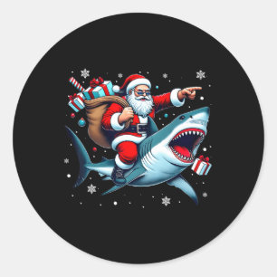 Santa Riding Shark Christmas Pajama Cute Ocean Ani Classic Round Sticker
