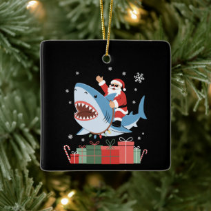 Santa Riding Shark Christmas Pajama Cute Ocean  Ceramic Ornament