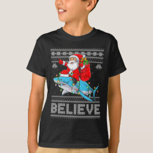 Santa Riding Shark Ugly Christmas Sweater Believe 