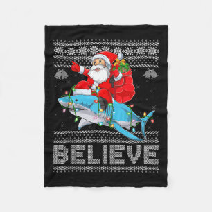 Santa Riding Shark Ugly Christmas Sweater Believe  Fleece Blanket
