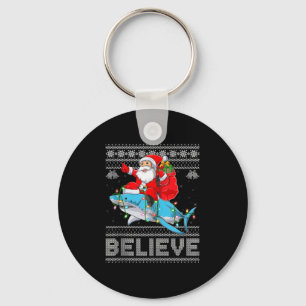 Santa Riding Shark Ugly Christmas Sweater Believe Keychain