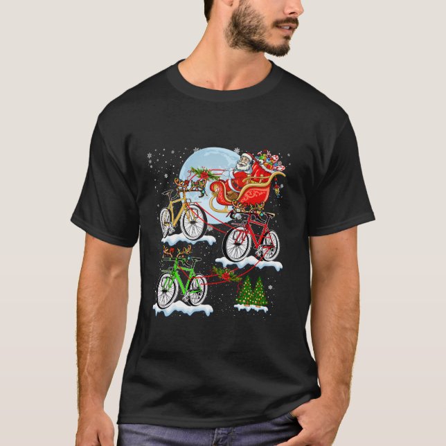 Santa Riding Sleigh Reindeer Bicycle Christmas Tre T-Shirt (Front)