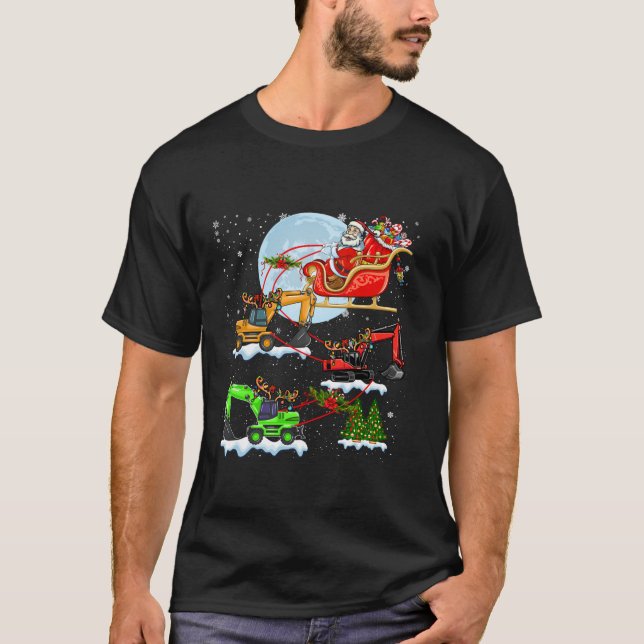 Santa Riding Sleigh Reindeer Excavator Christmas T T-Shirt (Front)
