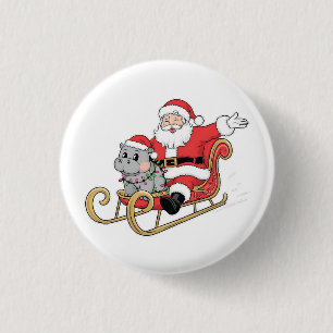 Santa Riding Sleigh with a Moo Deng Baby Hippo 1 Inch Round Button
