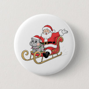 Santa Riding Sleigh with a Moo Deng Baby Hippo 2 Inch Round Button