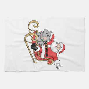 Santa Riding Sleigh with a Moo Deng Baby Hippo Kitchen Towel