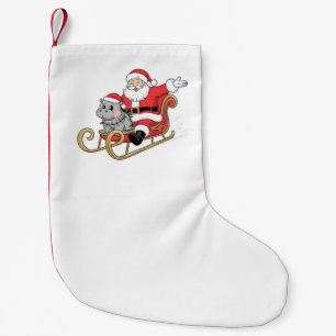 Santa Riding Sleigh with a Moo Deng Baby Hippo Small Christmas Stocking