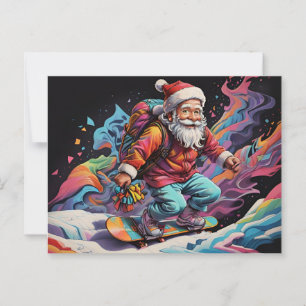 Santa riding snowboard Psychedelic colours Postcard