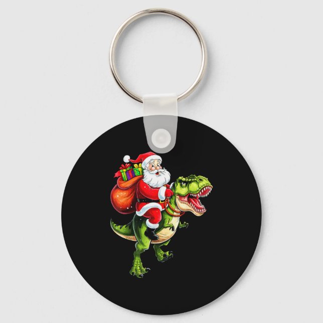 Santa Riding T Rex Christmas Funny Xmas Kids Boys  Keychain (Front)