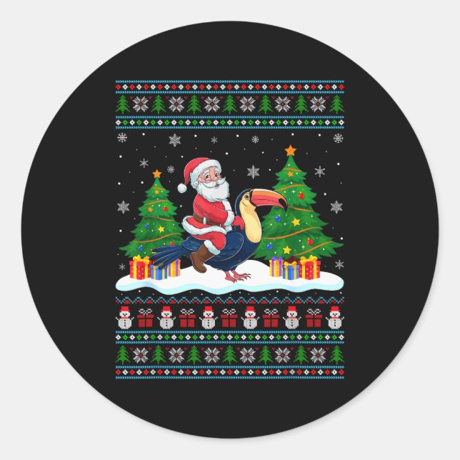 Santa Riding Toucans Tree Lights Ugly Christmas Sw Classic Round Sticker (Front)