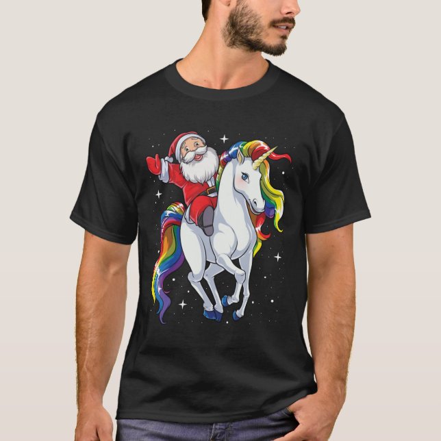 Santa Riding Unicorn Christmas Gifts Rainbow Space T-Shirt (Front)