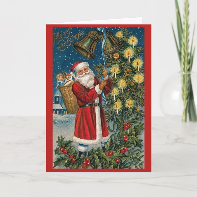 Santa Ringing Bells Vintage Christmas Card (Front)